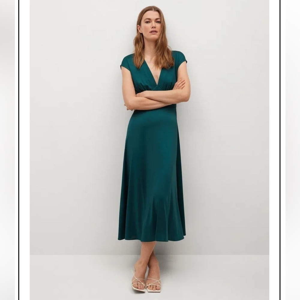 Mango MNG A-Line V-Neck Cap Sleeves Midi Satin Dress-Green-Women Size 6